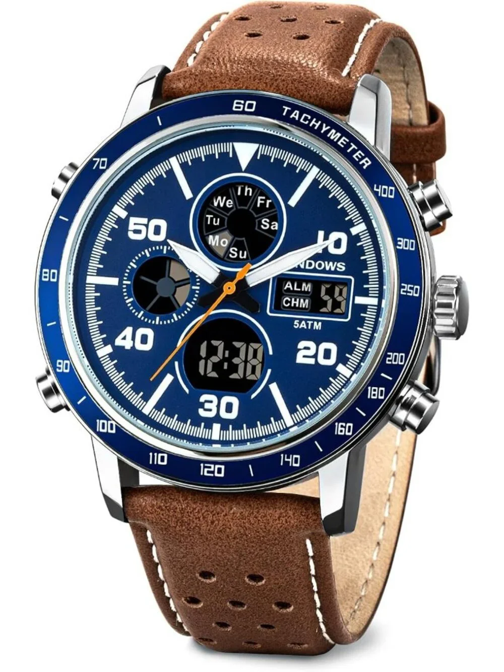 Men's Retro Brown Blue Digital Analog Multifunction Sport Casual Wrist Watch